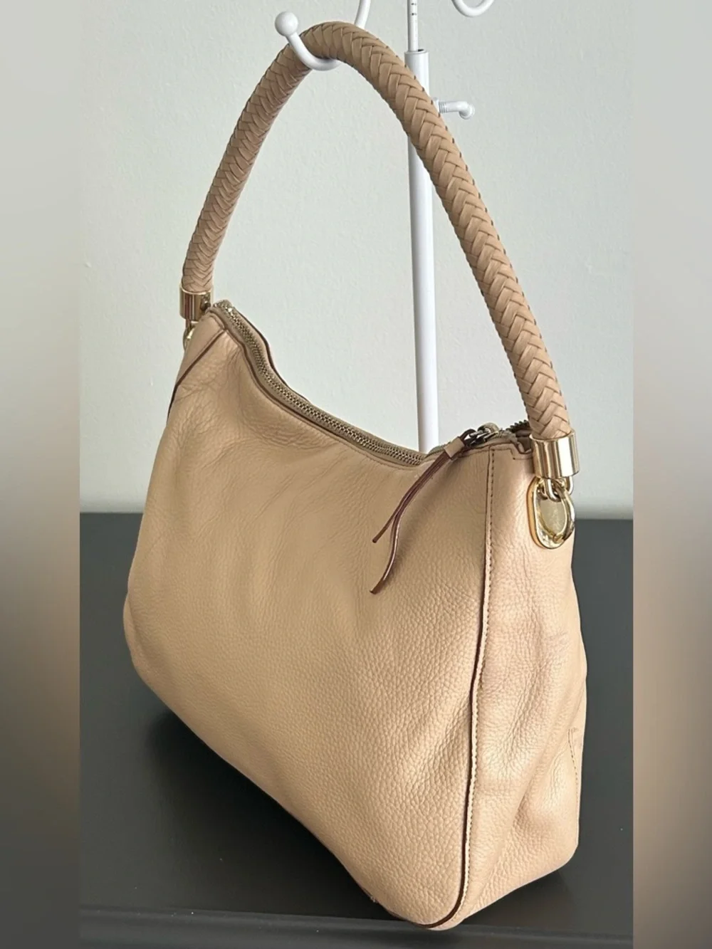 Cole Haan Beige Pebbled Leather Hobo Shoulder Bag Braided Handle Tote
